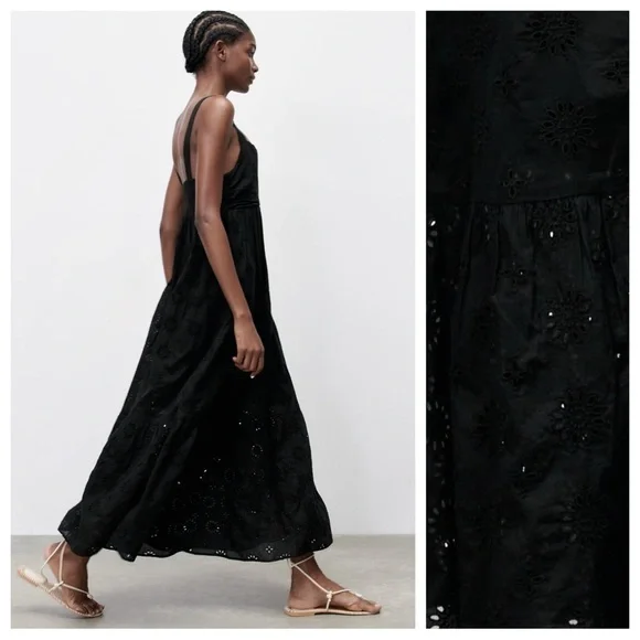 NWT. Zara Black Openwork Crossover V-neck Midi Tank Dress. Size S. - Picture 4 of 13